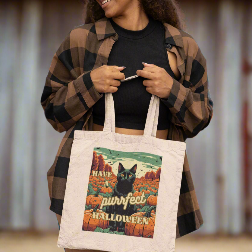 Purrfect Black Cat Halloween Cotton Canvas Tote Bag