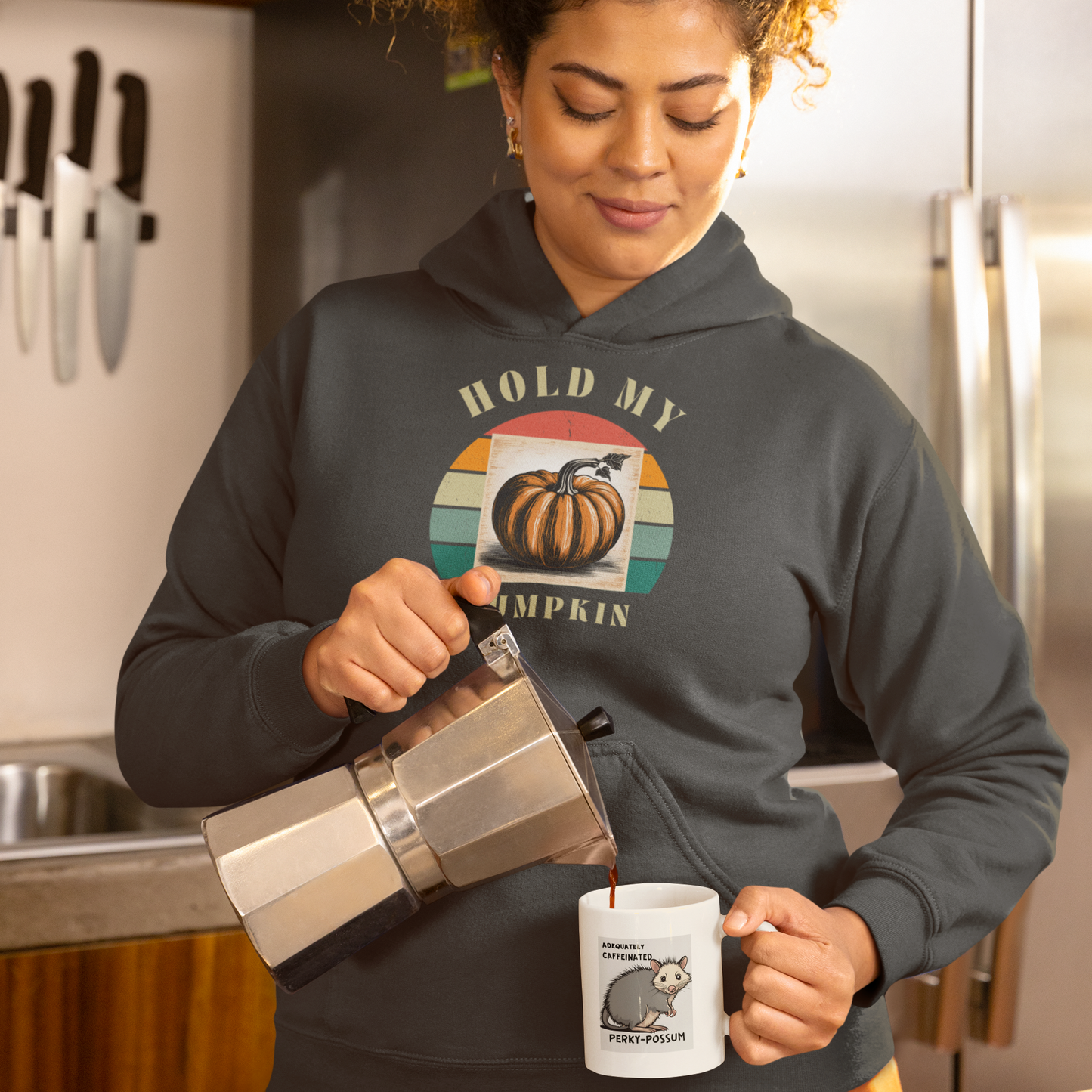 Woman Wearing Grey Hold My Pumpkin Hoodie