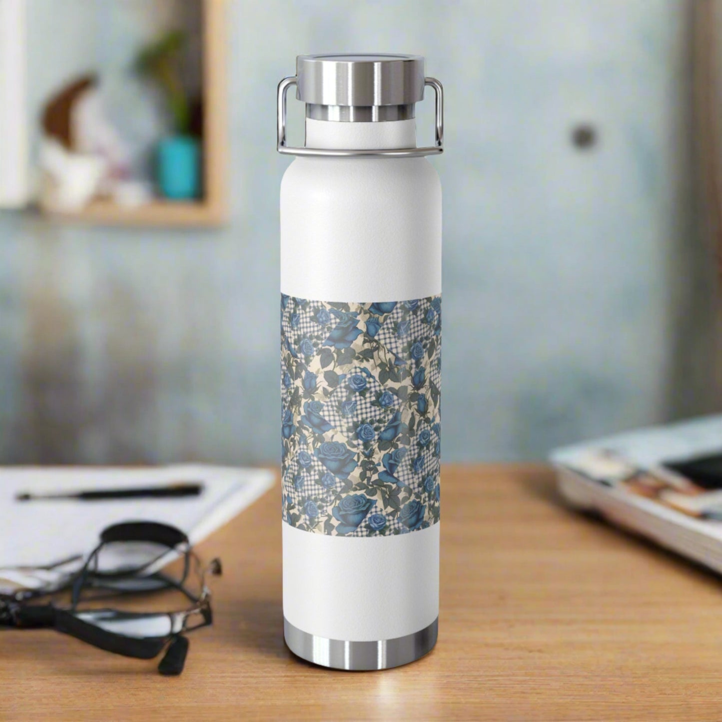 Blue Rose, Gingham Patchwork Insulated Bottle, 22oz