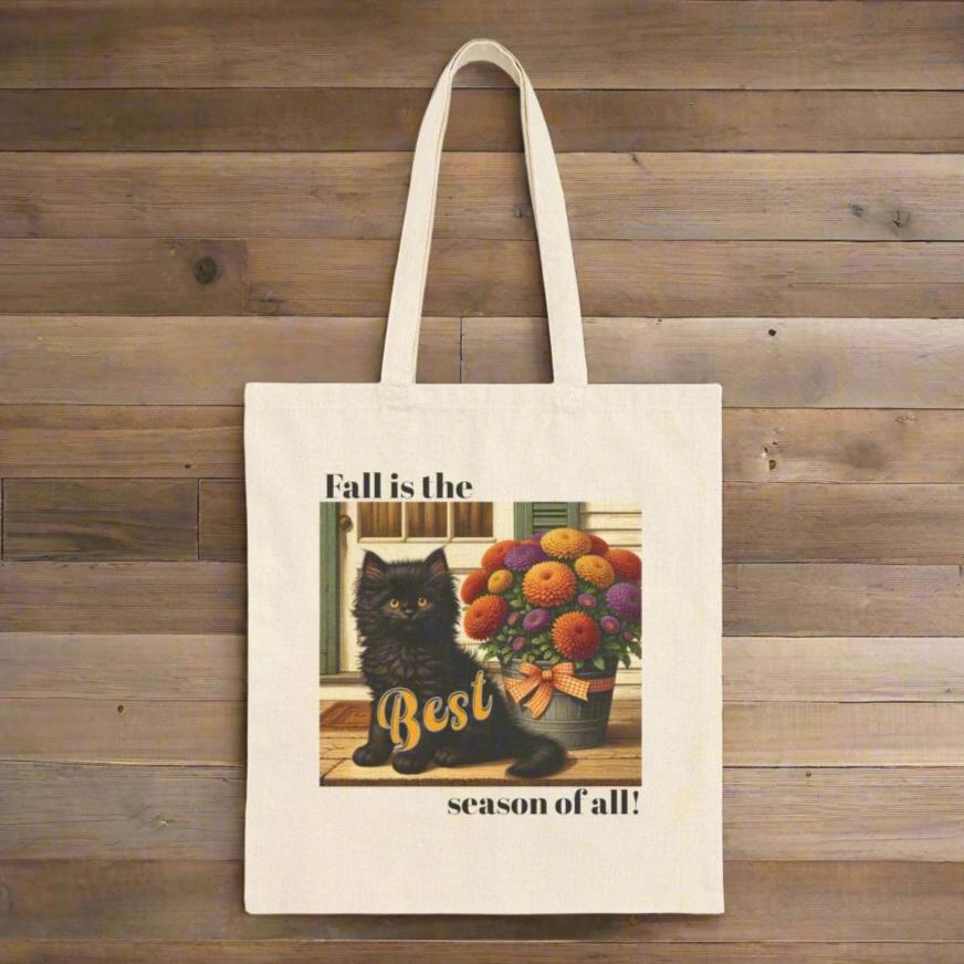 Fall is The Best Black Kitten & Mums Cotton Canvas Tote