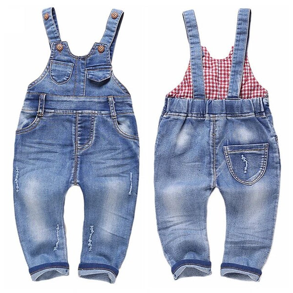 Baby Denim Overalls-Gingham Lined