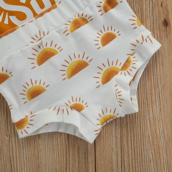 Snazzy Sunflower Print Summer Romper Shorts-Set for Infant or Toddler-Pull-on Shorts Detail