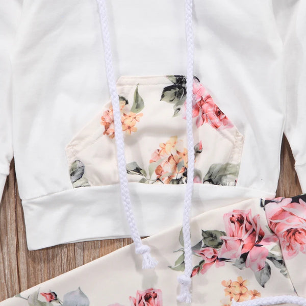 Rosie Roses Print Sweatshirt Hoodie Pullover w Pants-Set for Infant or Toddler-Hoodie Pocket Detail