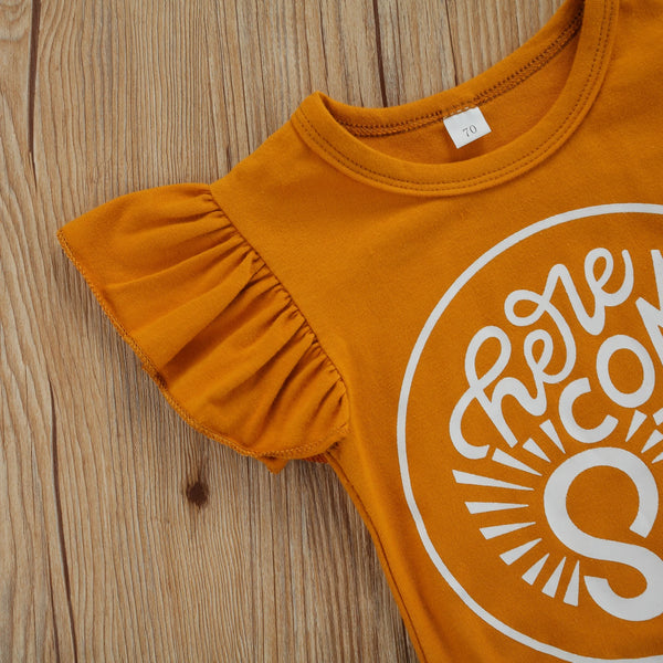 Snazzy Sunflower Print Summer Romper Shorts-Set for Infant or Toddler-Top Detail