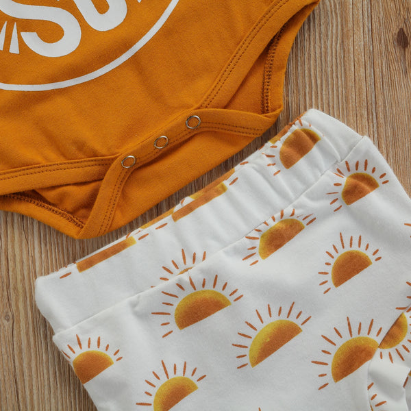 Snazzy Sunflower Print Summer Romper Shorts-Set for Infant or Toddler-Closure Detail