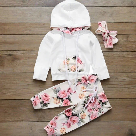Rosie Roses Print Sweatshirt Hoodie Pullover w Pants Set for Infant or Toddler