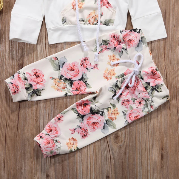 Rosie Roses Print Sweatshirt Hoodie Pullover w Pants Set for Infant or Toddler