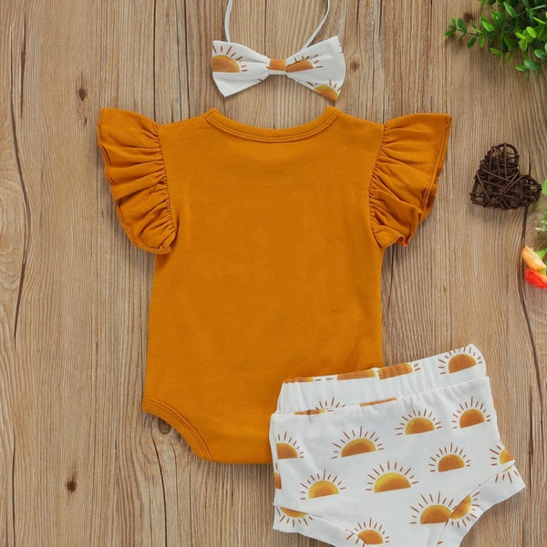 Sunflower Print Summer Romper Shorts Set Outfit for Infant or Toddler