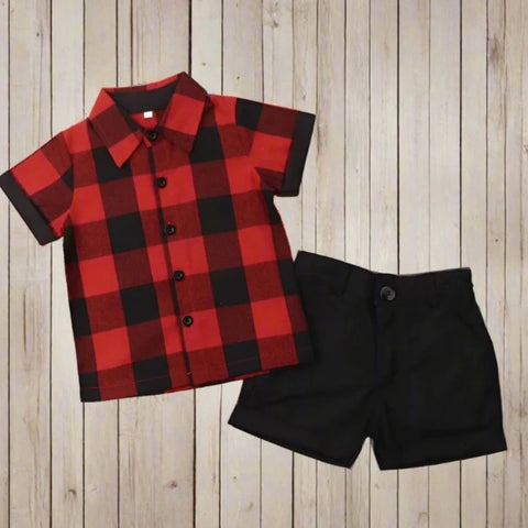 Red Plaid Collar Shirt with Black Shorts Set for Toddlers