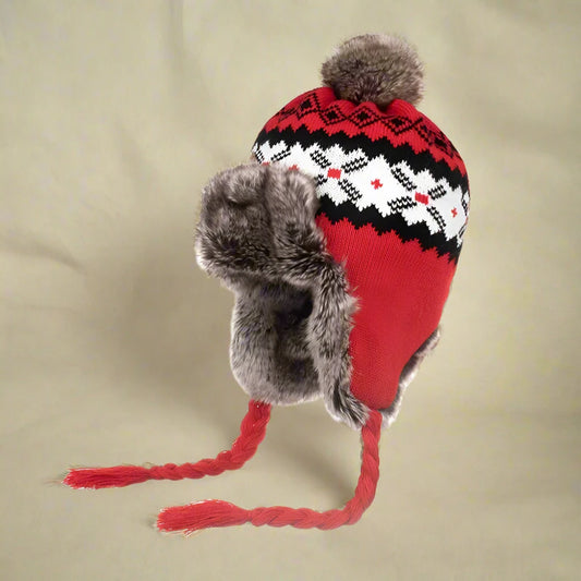 Red Flocked Earflap Hat, Sweater Hat