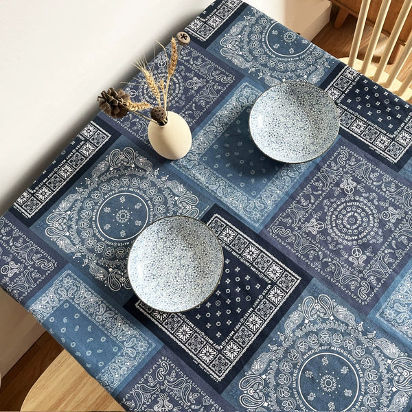 Country Blue Tones Cotton Linen Rectangular Tablecloth
