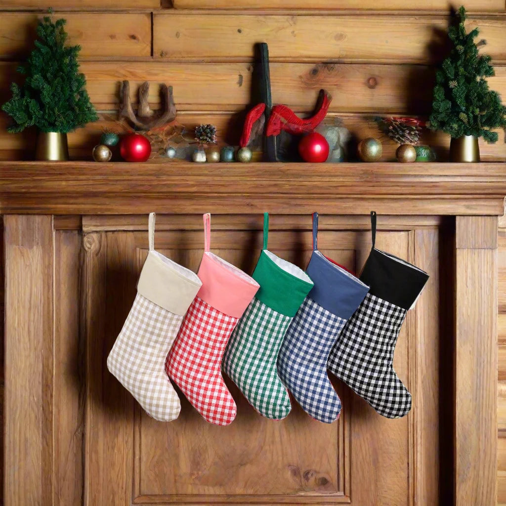 Small Squares Gingham Plaid Print Christmas Stocking