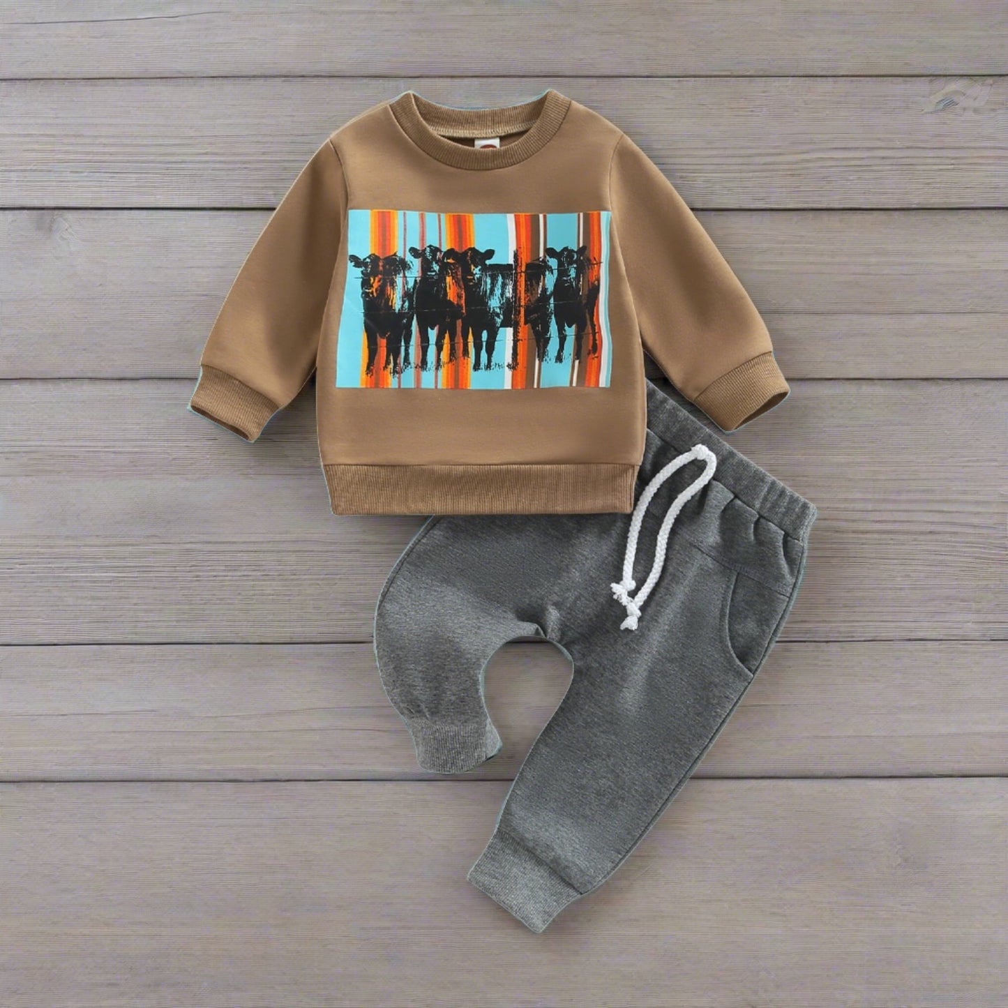 Rowdy Rodeo Country Kid Cow-themed Western-style Sweatshirt and Pants Set