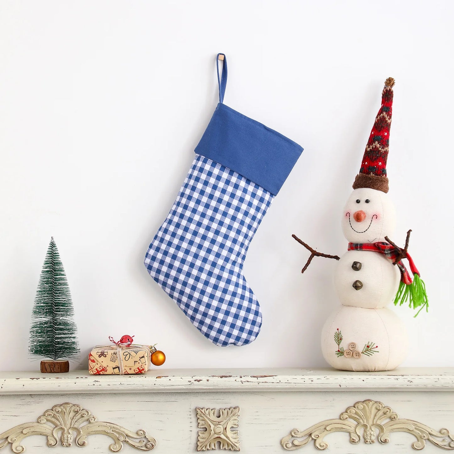 Small Squares Gingham Plaid Print Christmas Stocking