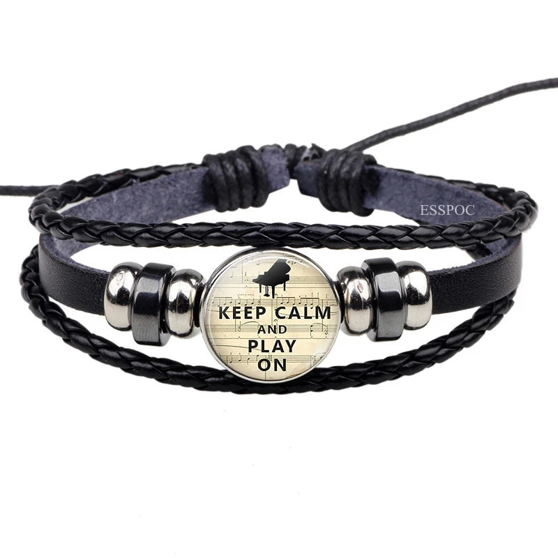 Musical Instrument Piano Guitar Clarinet Flute Music Leather Bangle Bracelet Music Note Jewelry for Women Men