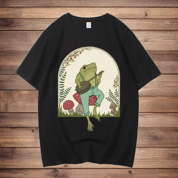 Banjo Frog on Mushroom design on black tee shirt