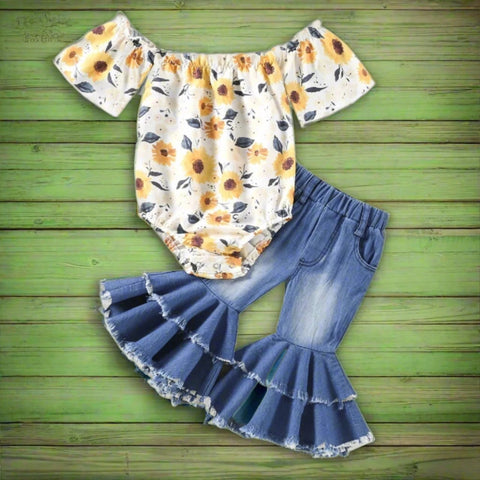 Little Girl's Sunflower Bodysuit Top with Pull-on Blue Denim Bellbottoms Outfit