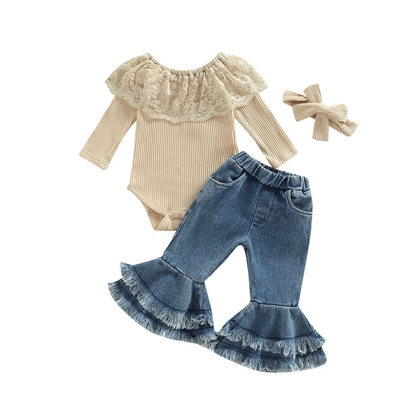 Irresistible Cream Lace Ruffle Neck Top & Denim Bell-bottoms-Set with Matching Headband-Sweet Outfit for Infants & Toddlers (NB to 2T)