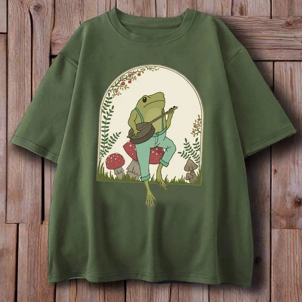 Banjo frog on mushroom design on olive t shirt