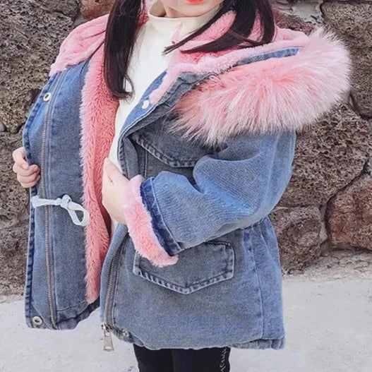 Winter Denim Jackets With Fur-lined Hood, Little Girl's Denim Coat