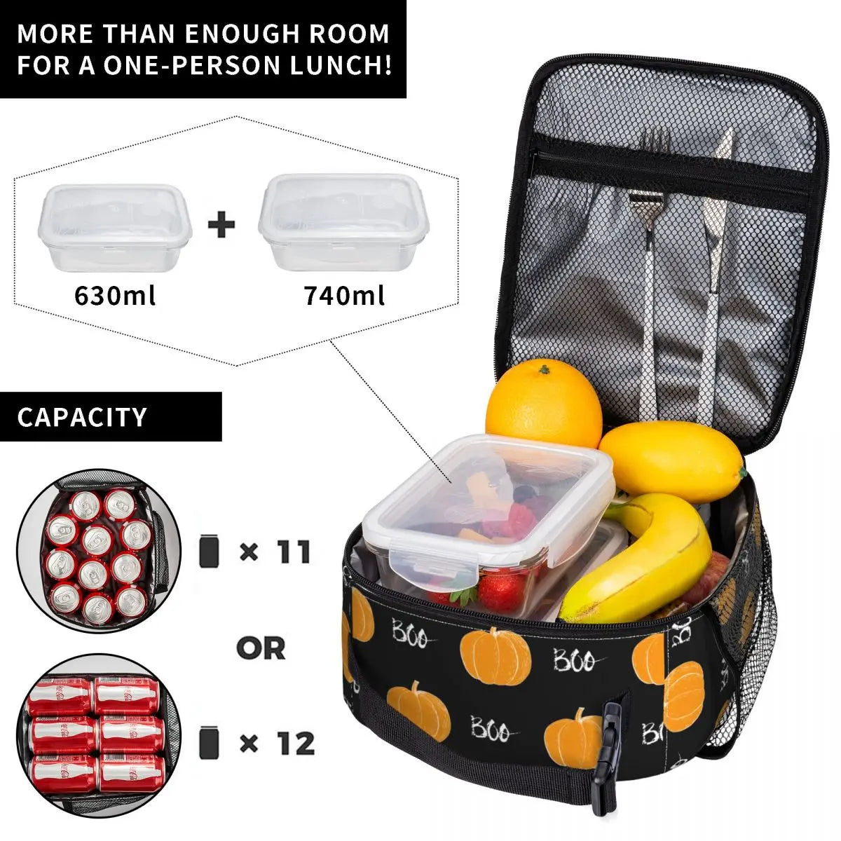 Pumpkin Boo bag, lunch bag capacity comparison, 11 or 12 soft drink cans