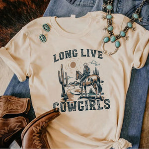Long Live Cowgirls Poster Style Horse Print Western Style T-shirt