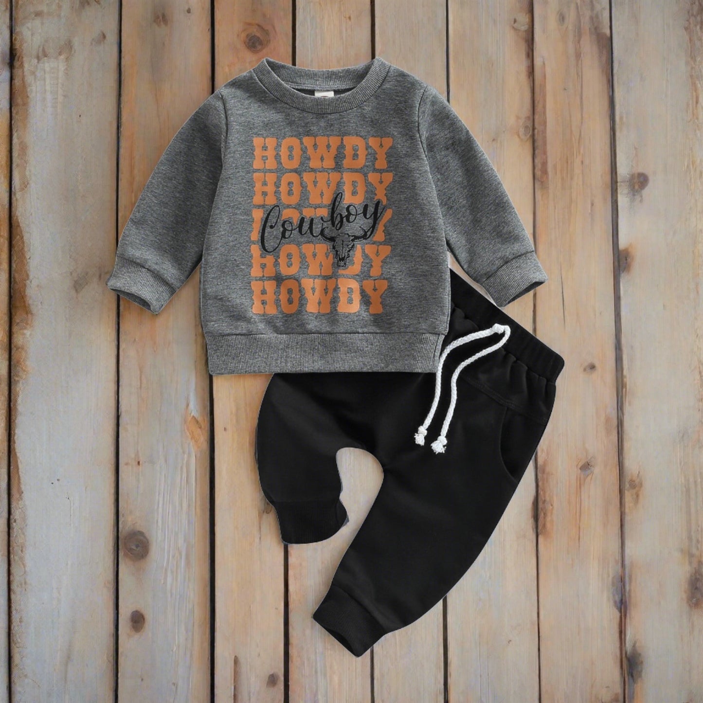 Rowdy Rodeo Country Kid Cow-themed Western-style Sweatshirt and Pants Set