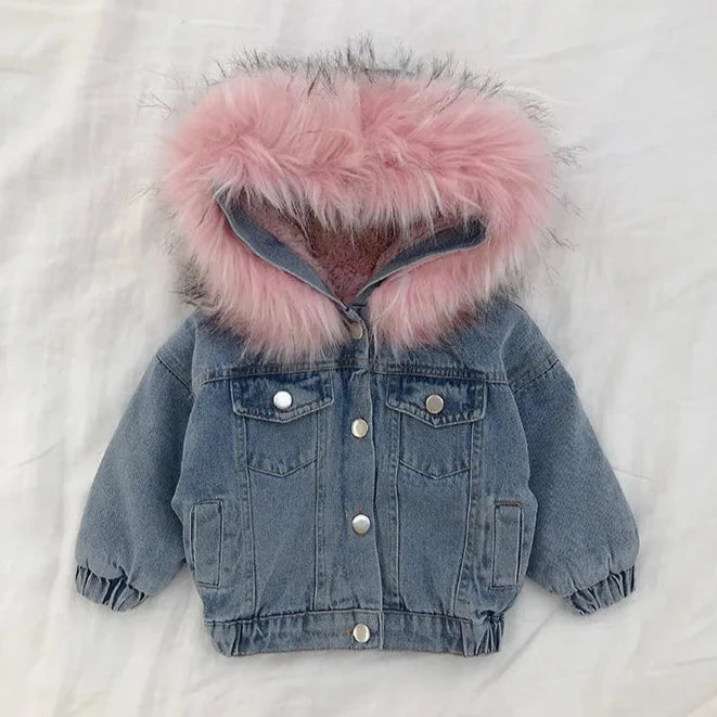 Winter Denim Jackets With Fur-lined Hood, Little Girl's Denim Coat