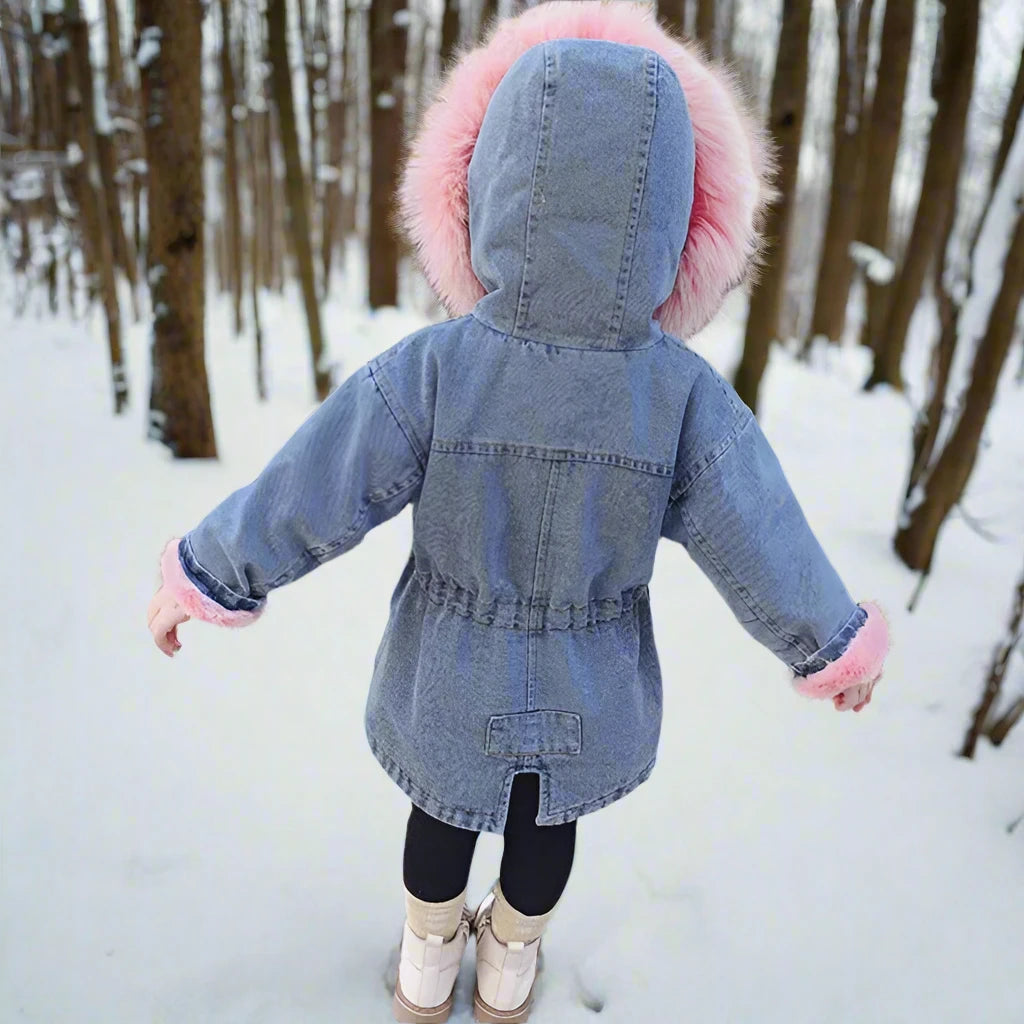 Winter Denim Jackets With Fur-lined Hood, Little Girl's Denim Coat