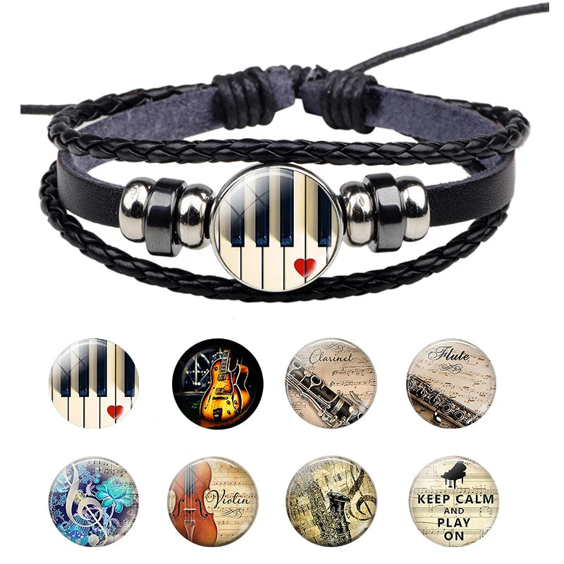 Musical Instrument Piano Guitar Clarinet Flute Music Leather Bangle Bracelet Music Note Jewelry for Women Men