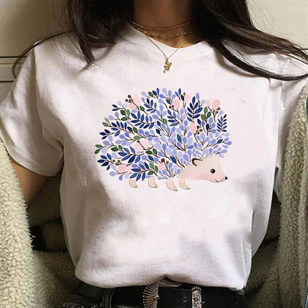 Modflowers Hippie-style Blue Floral Hedgehog T-shirt