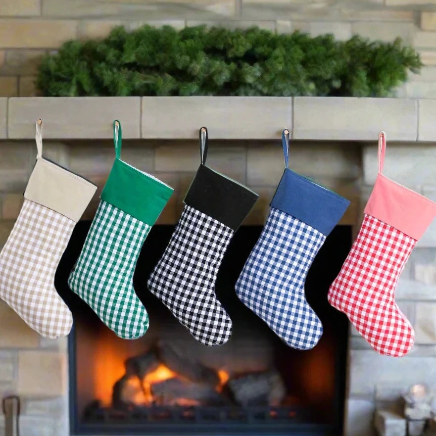 Small Squares Gingham Plaid Print Christmas Stocking