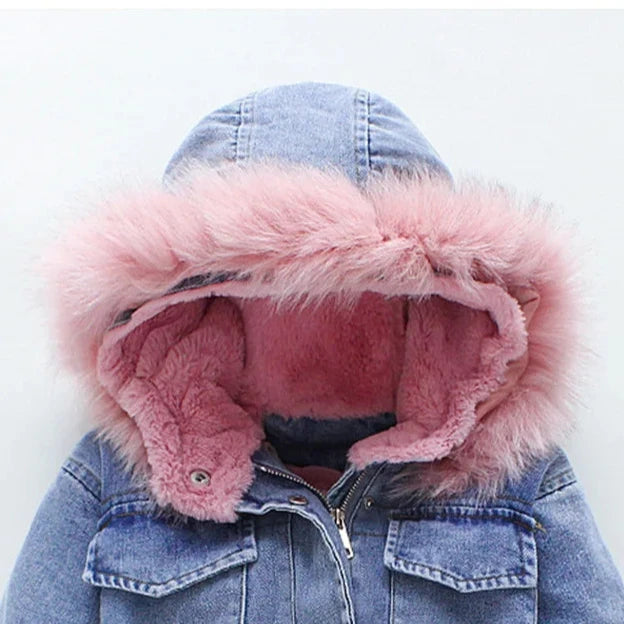 Winter Denim Jackets With Fur-lined Hood, Little Girl's Denim Coat