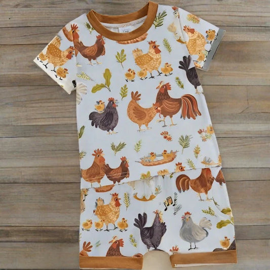 Country Kid Farm Theme Chicken Print Pajama Shorts Set for Infant or Toddler