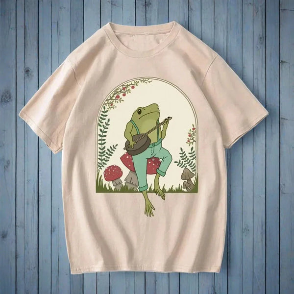 Stylish Banjo Frog-on-Mushroom Stool Design on Cream colored t-shirt