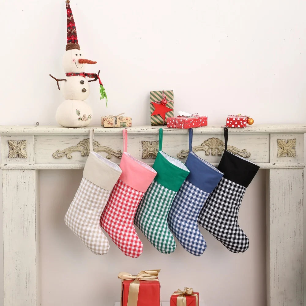 Small Squares Gingham Plaid Print Christmas Stocking