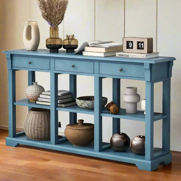 Country Blue or Espresso Console Table, Sofa Table with Drawers and Shelves