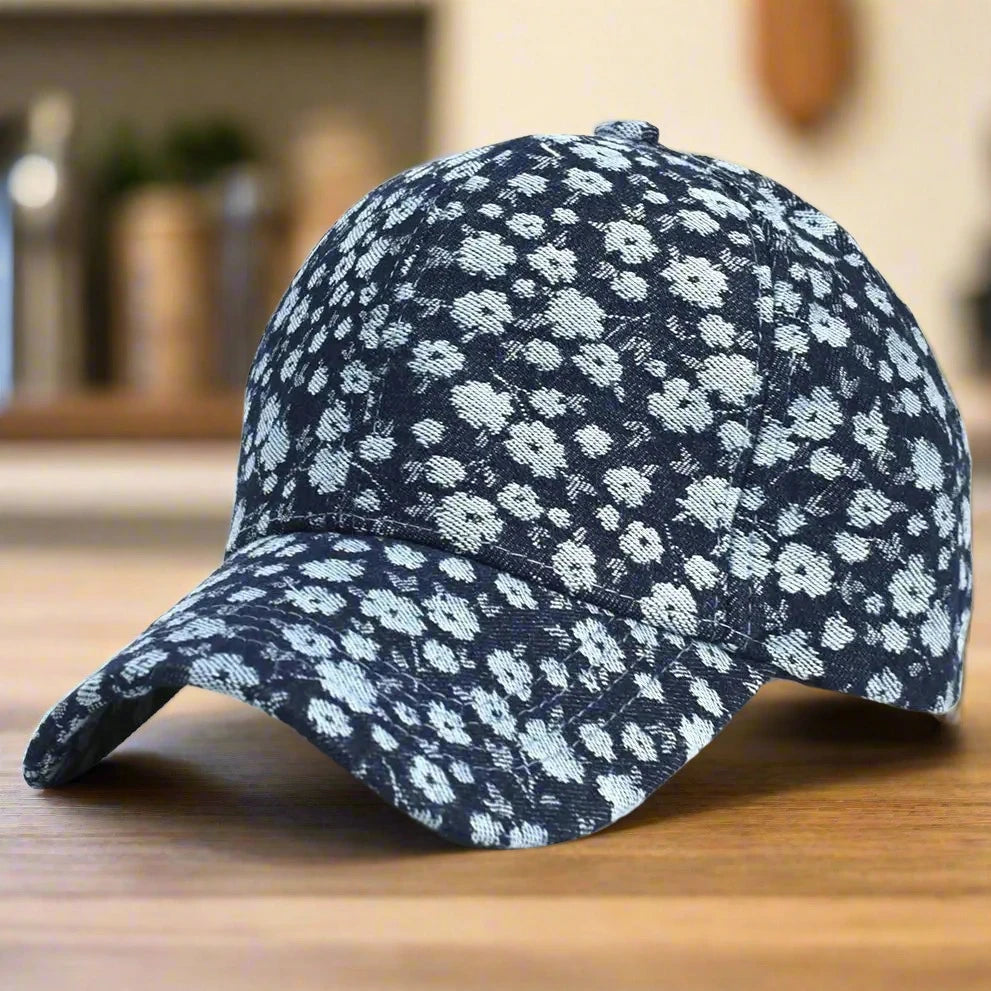 Ditsy Floral Print Blue-Washed Cotton Baseball Cap