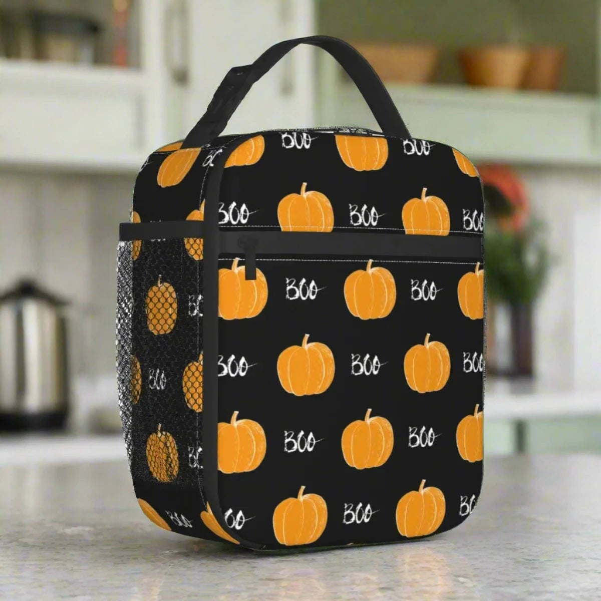 Pumpkin Boo bag on a counter in a country kitchen