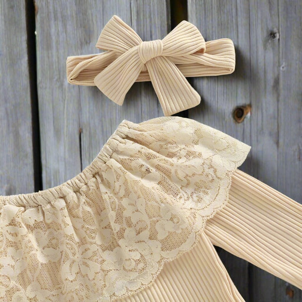 Cream-colored Lace Ruffle Neck, Top with Denim Bell-bottoms and Matching Headband Outfit Set, Infants, Toddlers NB to 2T