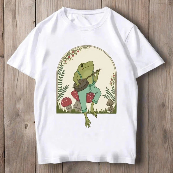 Banjo frog on mushroom design on white t-shirt
