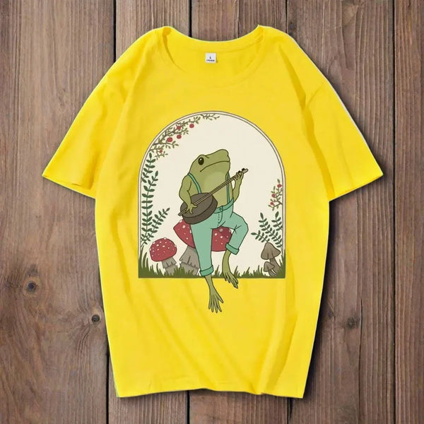 Stylish Banjo Frog-on-Mushroom Stool Design on yellow t shirt