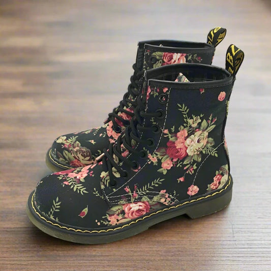 Roses Print on Black Victorian-style Canvas Lace-up Ankle Boots