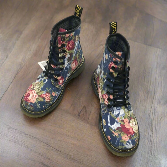 Roses Print on Blue Victorian-style Canvas Lace-up Ankle Boots