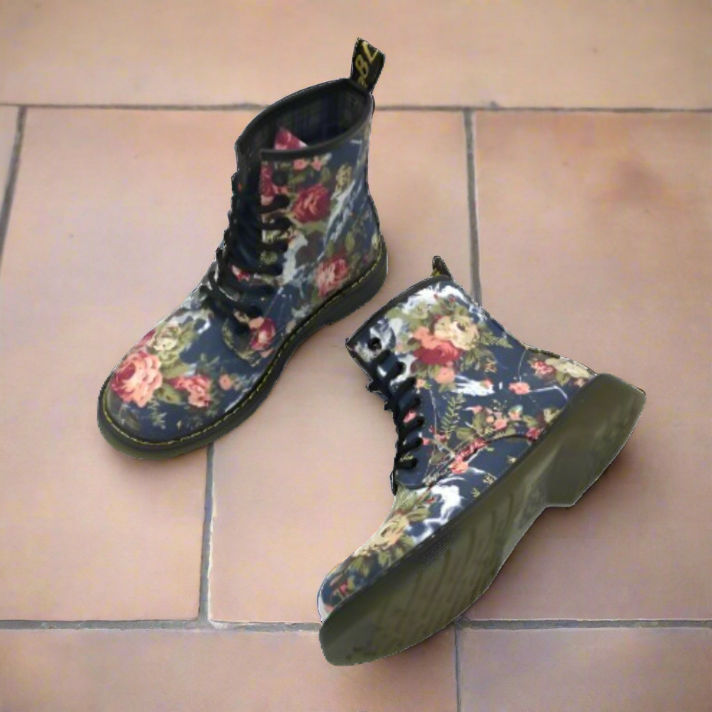 Roses Print on Blue Victorian-style Canvas Lace-up Ankle Boots