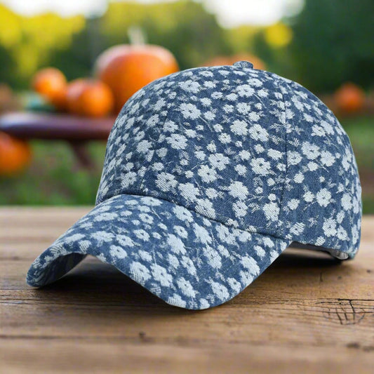 blue ditsy floral hat on picnic table