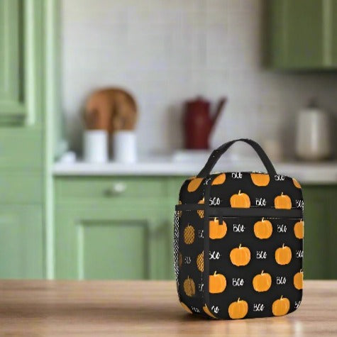 Pumpkin Boo print lunch bag on countertop