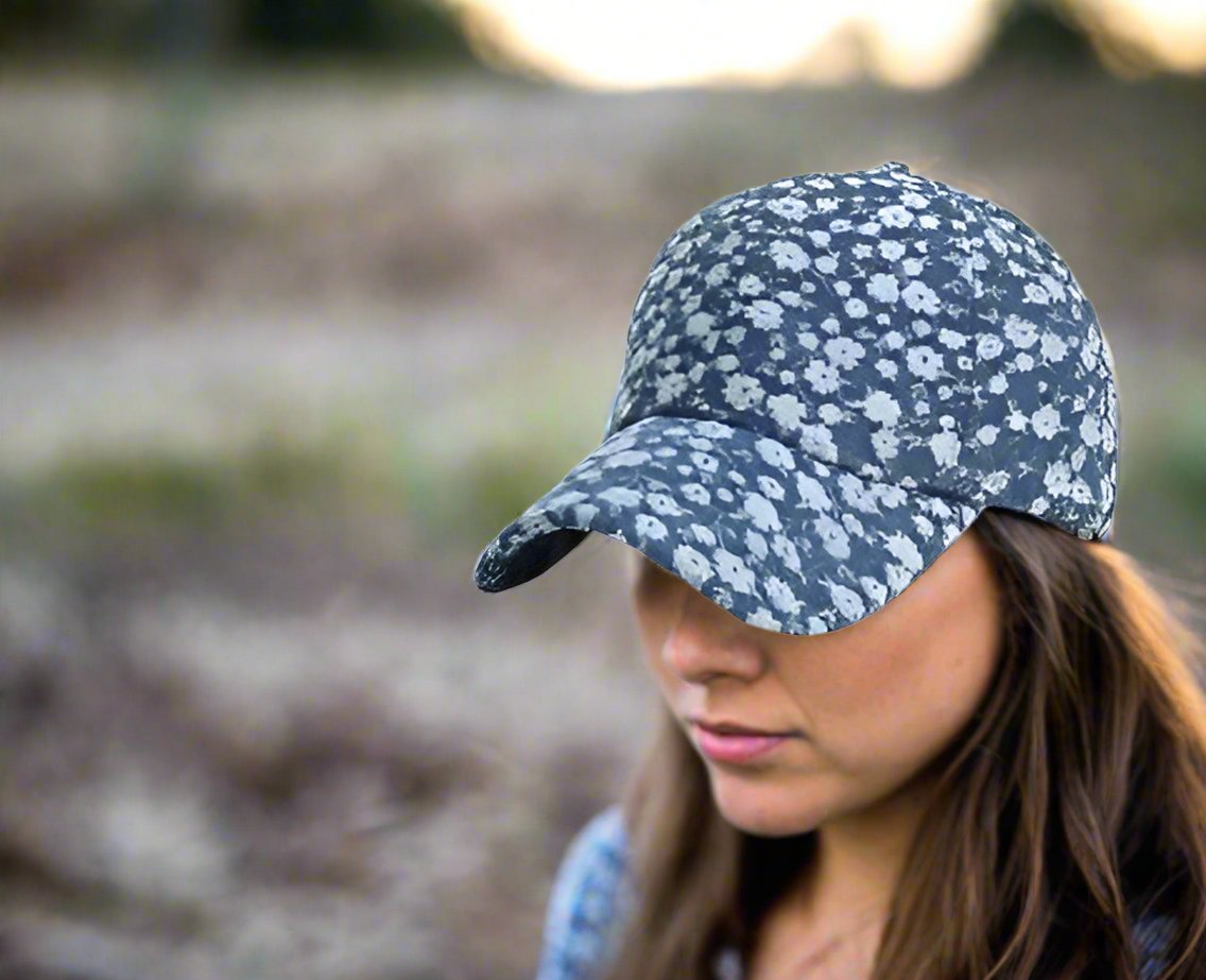 Ditsy Floral Print Blue-Washed Cotton Baseball Cap