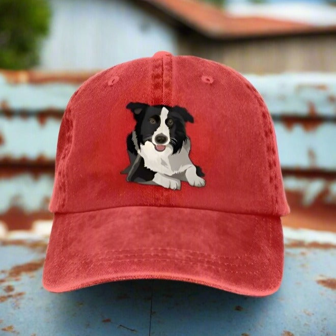 Border Collie Patch Red Denim Baseball Cap