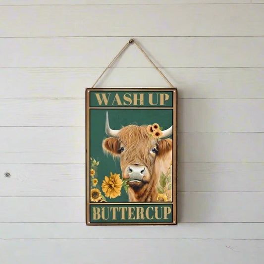 Retro Vintage-style Highland Cow Metal Bathroom Sign